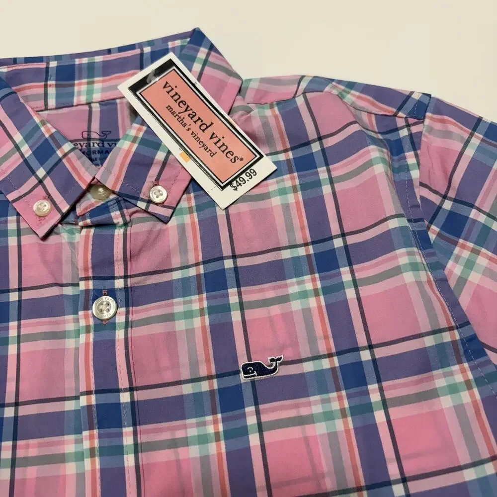 Vineyard Vines Shirt Boys Small 8-10 Pink Plaid Performance Whale Button Down